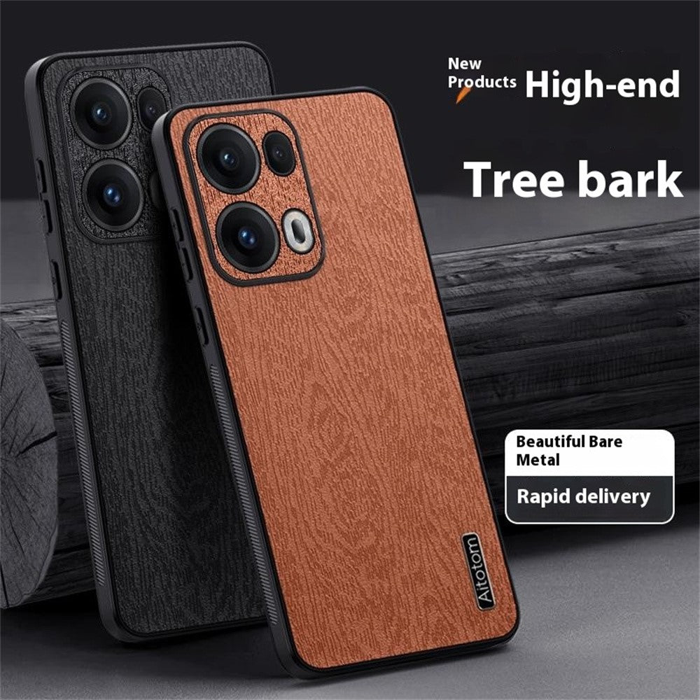 For Oppo Reno13 Pro 5G Case Wood Texture PU Leather Coated PC+TPU Phone Cover - Brown