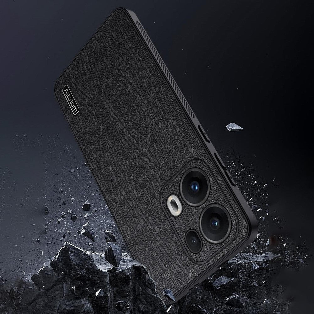For Oppo Reno13 Pro 5G Case Wood Texture PU Leather Coated PC+TPU Phone Cover - Brown