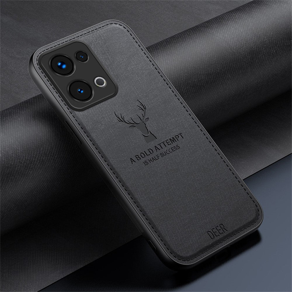 For Oppo Reno13 5G (Global) Case Deer Pattern Cloth Texture PU Leather Hybrid Phone Cover - Black