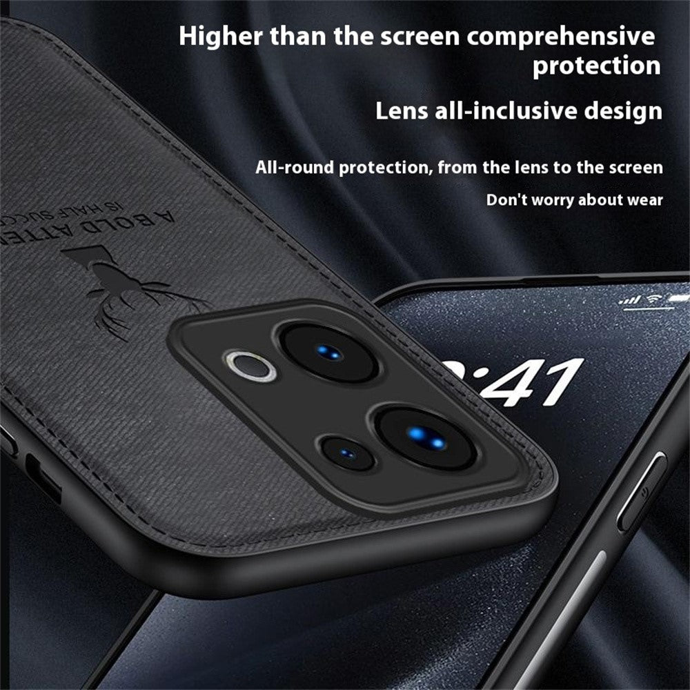 For Oppo Reno13 5G (Global) Case Deer Pattern Cloth Texture PU Leather Hybrid Phone Cover - Black