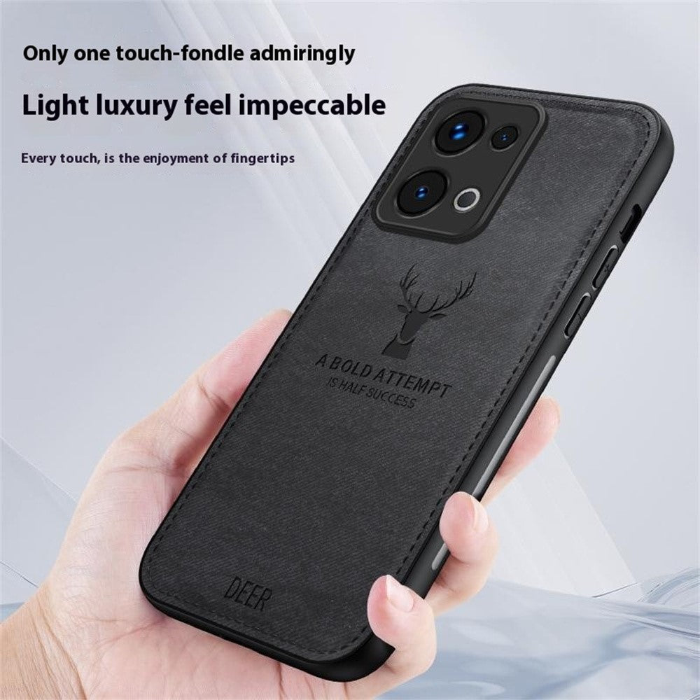 For Oppo Reno13 5G (Global) Case Deer Pattern Cloth Texture PU Leather Hybrid Phone Cover - Black