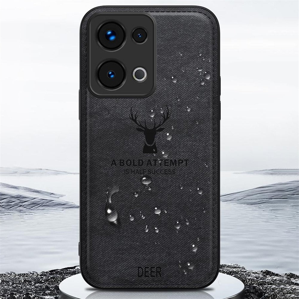 For Oppo Reno13 5G (Global) Case Deer Pattern Cloth Texture PU Leather Hybrid Phone Cover - Black