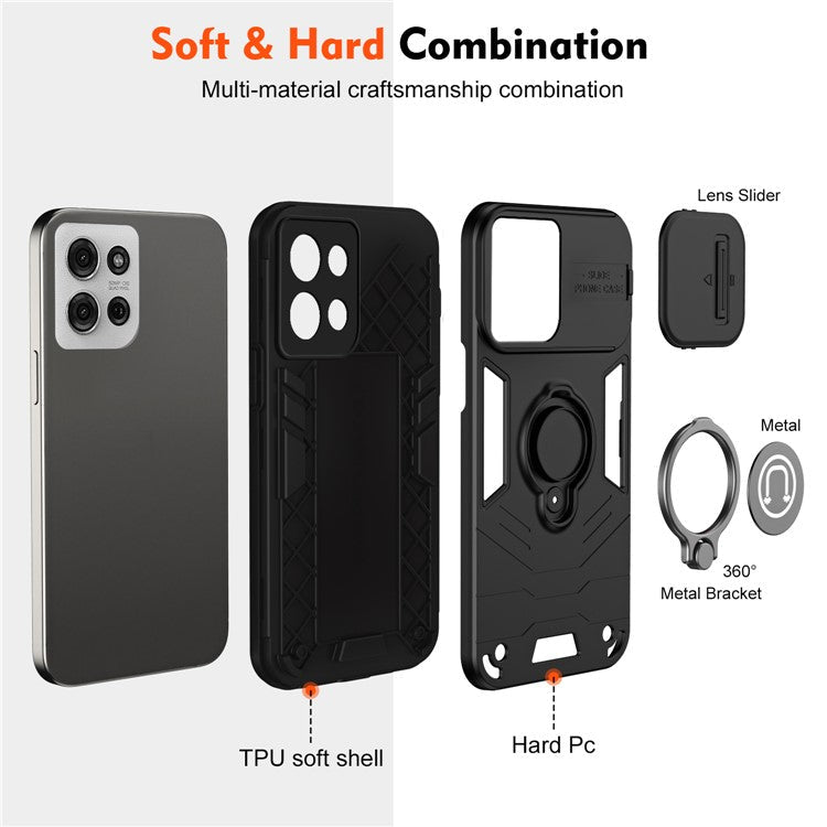 For Motorola Moto G75 5G Case Slide Camshield Kickstand PC+TPU Phone Cover - Black