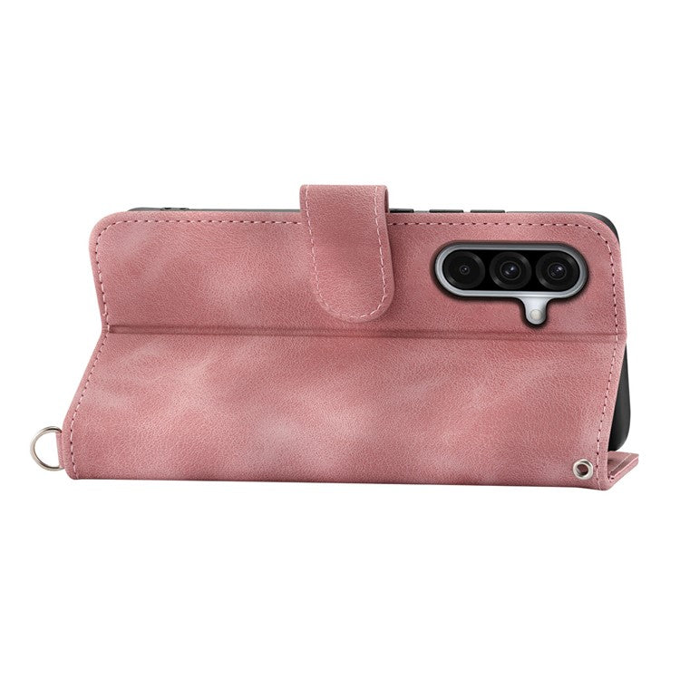 For Samsung Galaxy A56 5G Case Flower Pattern PU Leather Wallet Phone Cover with Strap - Pink