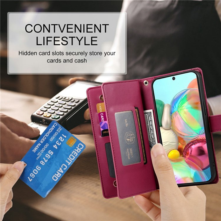 DF-011 For Google Pixel 9a Case Zipper Pocket Wallet Leather Phone Cover with Straps - Red