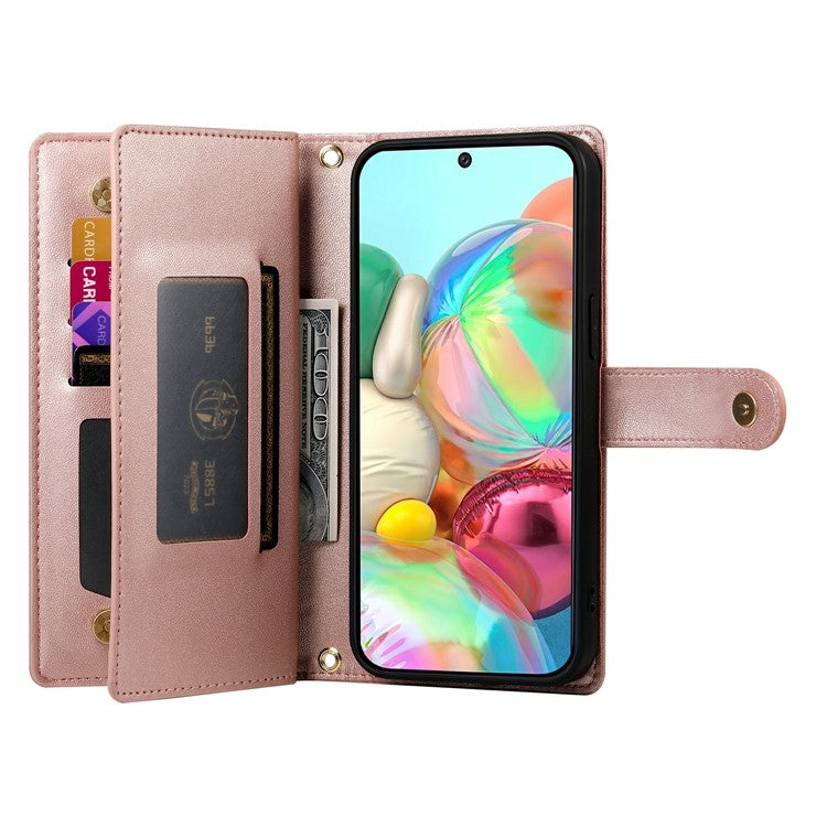 DF-011 For Google Pixel 9a Case Zipper Pocket Wallet Leather Phone Cover with Straps - Pink