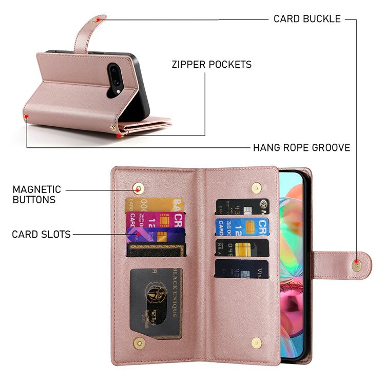 DF-011 For Google Pixel 9a Case Zipper Pocket Wallet Leather Phone Cover with Straps - Pink
