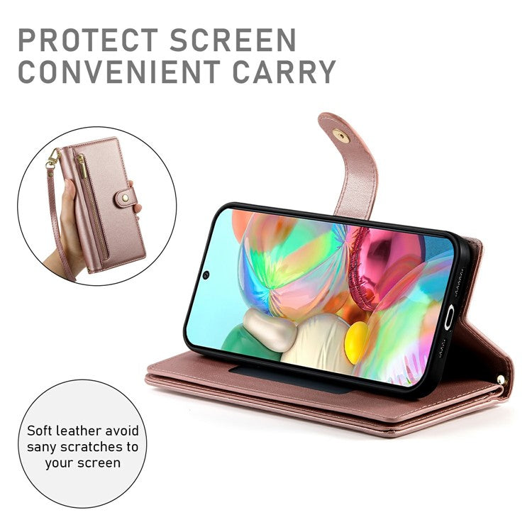 DF-011 For Google Pixel 9a Case Zipper Pocket Wallet Leather Phone Cover with Straps - Pink