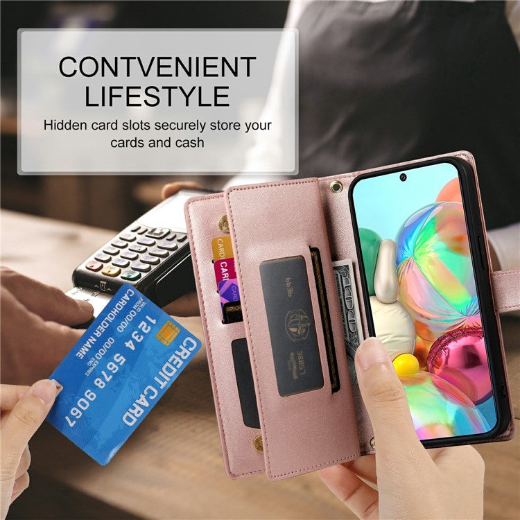 DF-011 For Google Pixel 9a Case Zipper Pocket Wallet Leather Phone Cover with Straps - Pink