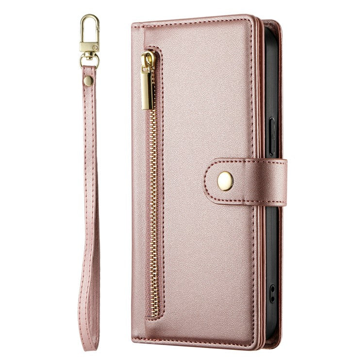 DF-011 For Google Pixel 9a Case Zipper Pocket Wallet Leather Phone Cover with Straps - Pink