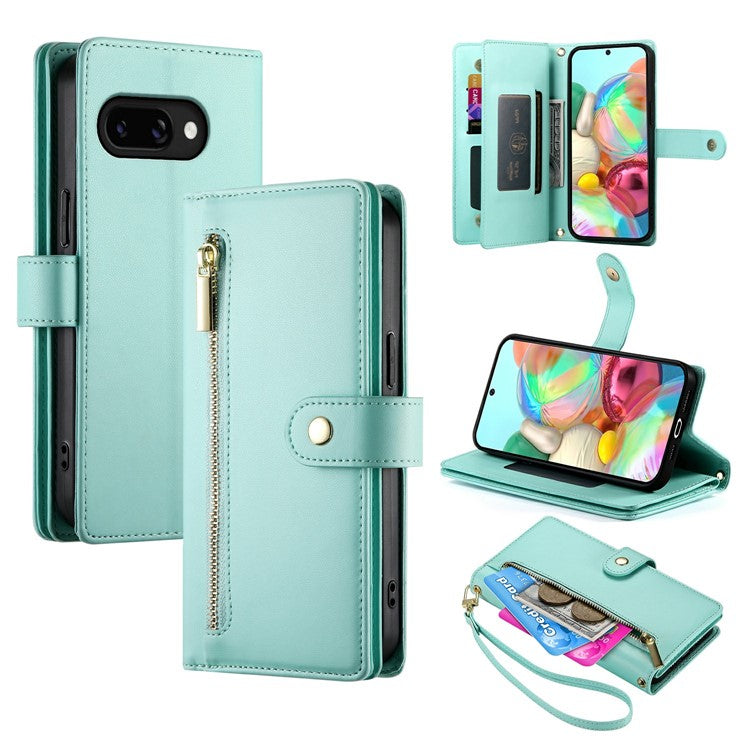 DF-011 For Google Pixel 9a Case Zipper Pocket Wallet Leather Phone Cover with Straps - Mint Green