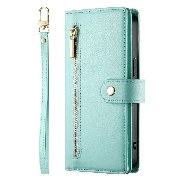 DF-011 For Google Pixel 9a Case Zipper Pocket Wallet Leather Phone Cover with Straps - Mint Green