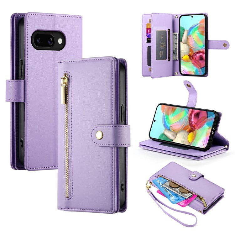 DF-011 For Google Pixel 9a Case Zipper Pocket Wallet Leather Phone Cover with Straps - Purple