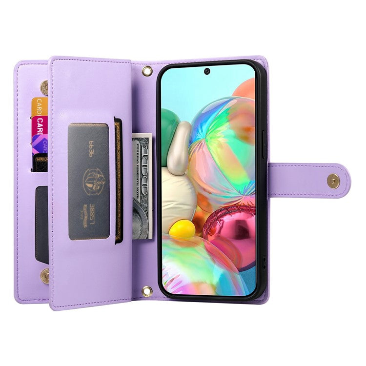 DF-011 For Google Pixel 9a Case Zipper Pocket Wallet Leather Phone Cover with Straps - Purple