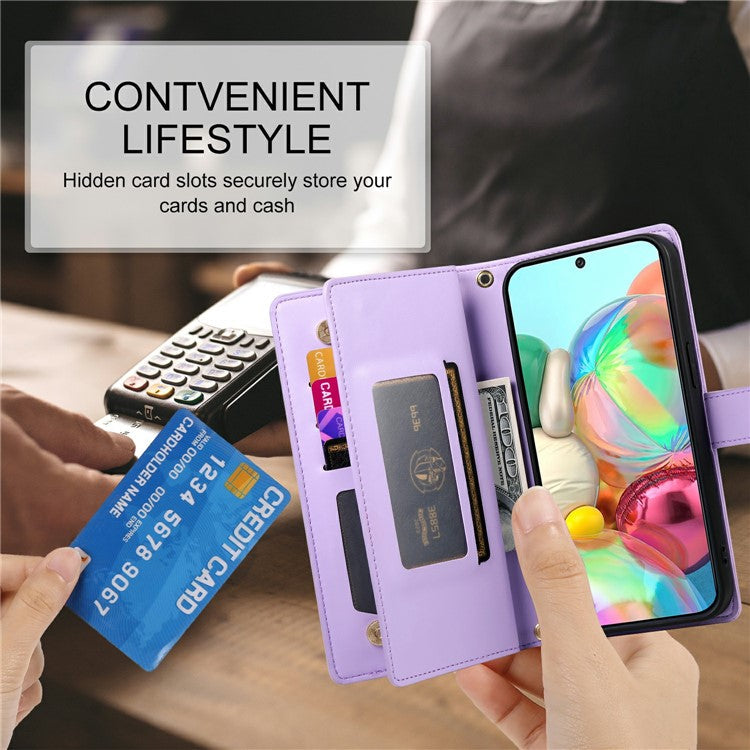 DF-011 For Google Pixel 9a Case Zipper Pocket Wallet Leather Phone Cover with Straps - Purple