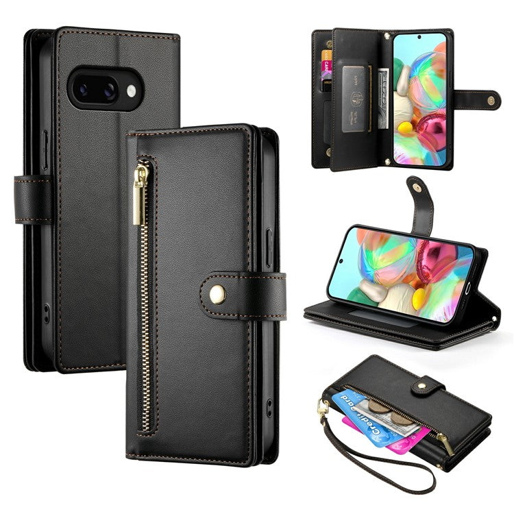 DF-011 For Google Pixel 9a Case Zipper Pocket Wallet Leather Phone Cover with Straps - Black