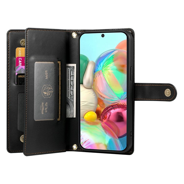 DF-011 For Google Pixel 9a Case Zipper Pocket Wallet Leather Phone Cover with Straps - Black