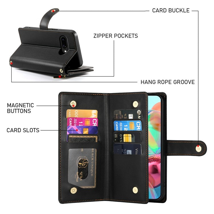 DF-011 For Google Pixel 9a Case Zipper Pocket Wallet Leather Phone Cover with Straps - Black