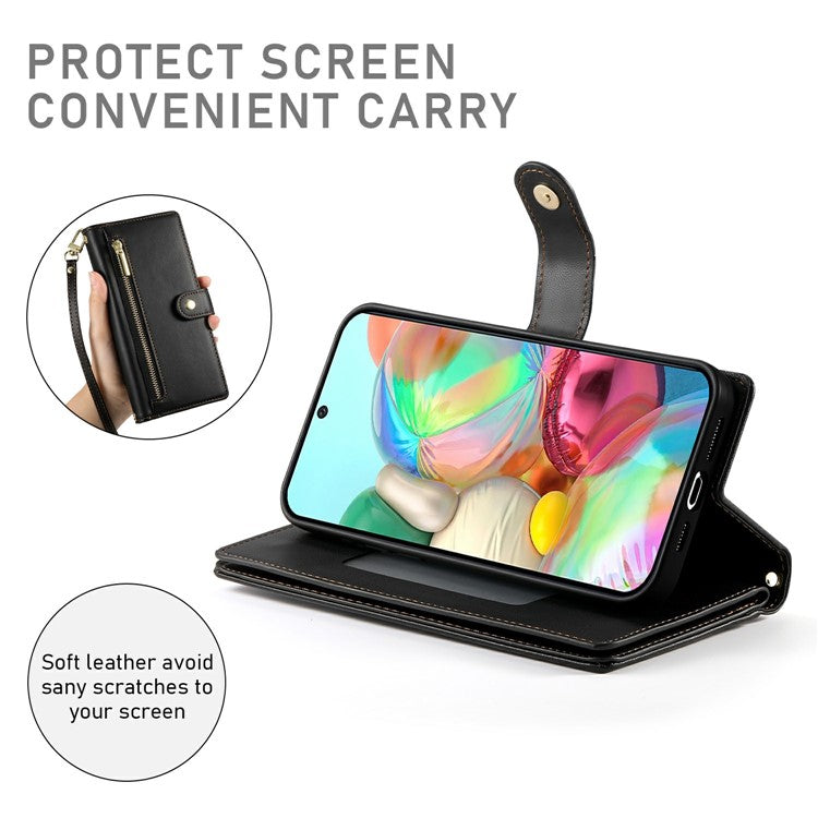 DF-011 For Google Pixel 9a Case Zipper Pocket Wallet Leather Phone Cover with Straps - Black