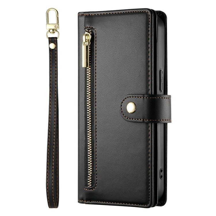 DF-011 For Google Pixel 9a Case Zipper Pocket Wallet Leather Phone Cover with Straps - Black