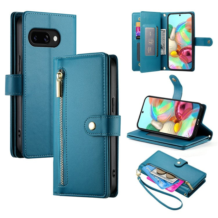 DF-011 For Google Pixel 9a Case Zipper Pocket Wallet Leather Phone Cover with Straps - Blue