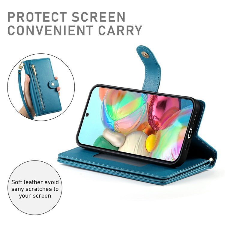 DF-011 For Google Pixel 9a Case Zipper Pocket Wallet Leather Phone Cover with Straps - Blue