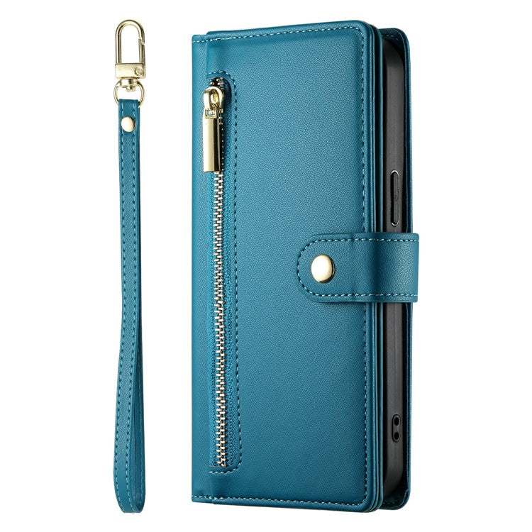 DF-011 For Google Pixel 9a Case Zipper Pocket Wallet Leather Phone Cover with Straps - Blue