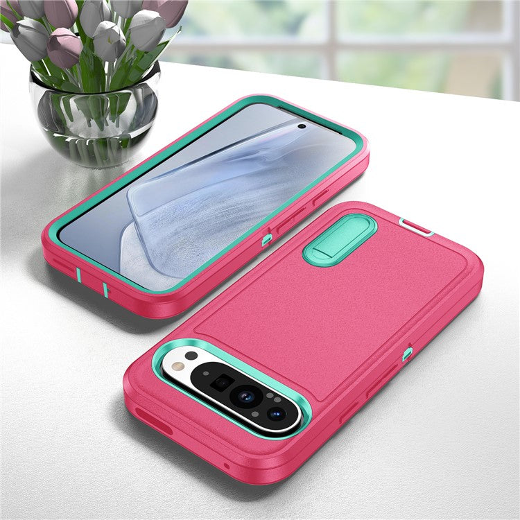 For Google Pixel 9 Pro / Pixel 9 Case Kickstand Phone Cover PC+Silicone+EVA 3-in-1 Design - Rose+Light Cyan