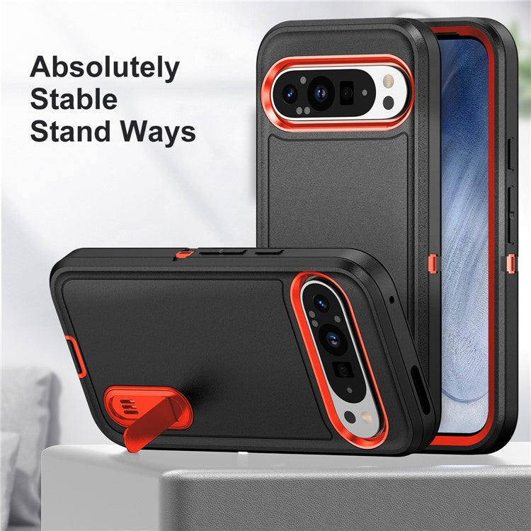 For Google Pixel 9 Pro / Pixel 9 Case Kickstand Phone Cover PC+Silicone+EVA 3-in-1 Design - Black+Orange