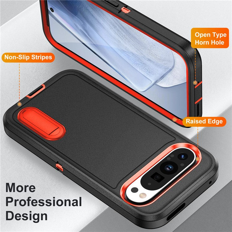 For Google Pixel 9 Pro / Pixel 9 Case Kickstand Phone Cover PC+Silicone+EVA 3-in-1 Design - Black+Orange