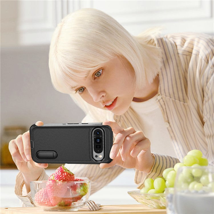 For Google Pixel 9 Pro / Pixel 9 Case Kickstand Phone Cover PC+Silicone+EVA 3-in-1 Design - Black+Black