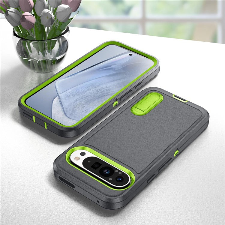 For Google Pixel 9 Pro / Pixel 9 Case Kickstand Phone Cover PC+Silicone+EVA 3-in-1 Design - Grey+Green