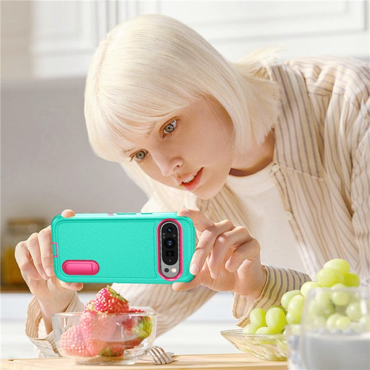 For Google Pixel 9 Pro / Pixel 9 Case Kickstand Phone Cover PC+Silicone+EVA 3-in-1 Design - Light Cyan+Rose