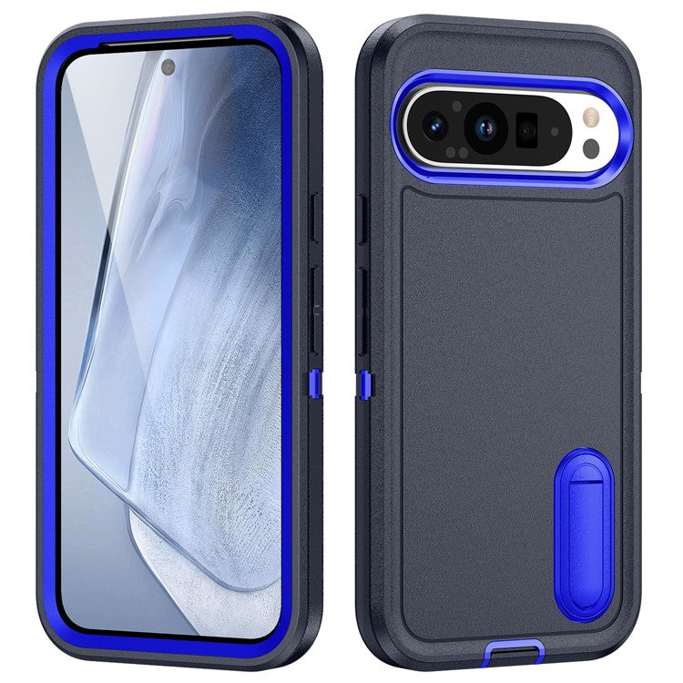 For Google Pixel 9 Pro / Pixel 9 Case Kickstand Phone Cover PC+Silicone+EVA 3-in-1 Design - Dark Blue+Sapphire