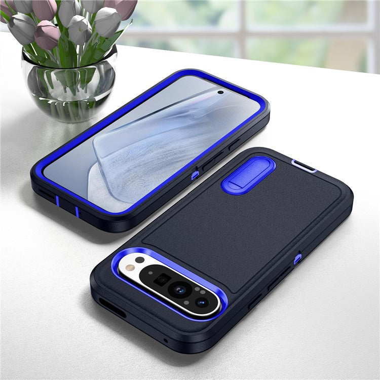 For Google Pixel 9 Pro / Pixel 9 Case Kickstand Phone Cover PC+Silicone+EVA 3-in-1 Design - Dark Blue+Sapphire