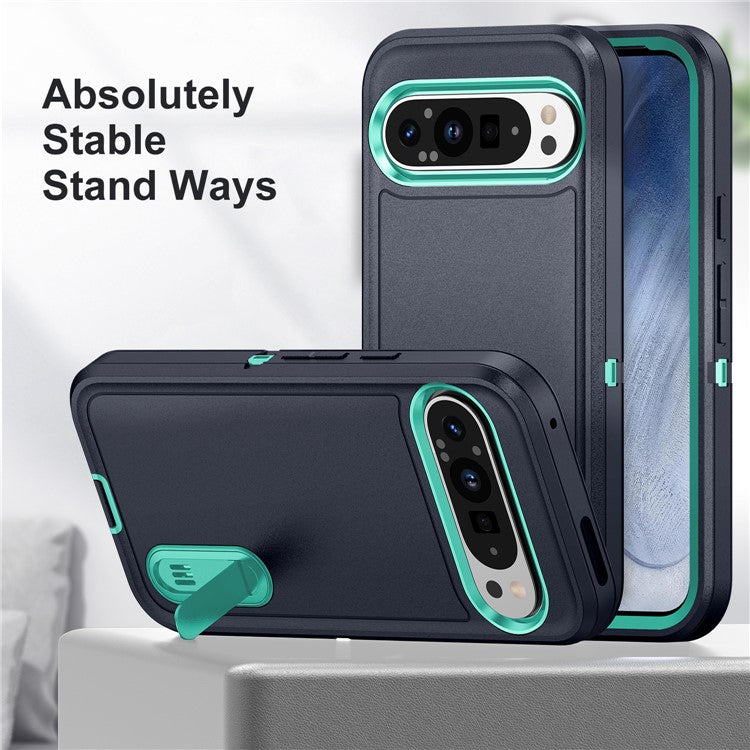 For Google Pixel 9 Pro / Pixel 9 Case Kickstand Phone Cover PC+Silicone+EVA 3-in-1 Design - Dark Blue+Light Cyan