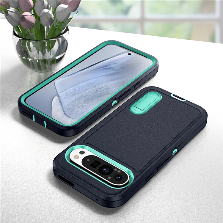 For Google Pixel 9 Pro / Pixel 9 Case Kickstand Phone Cover PC+Silicone+EVA 3-in-1 Design - Dark Blue+Light Cyan