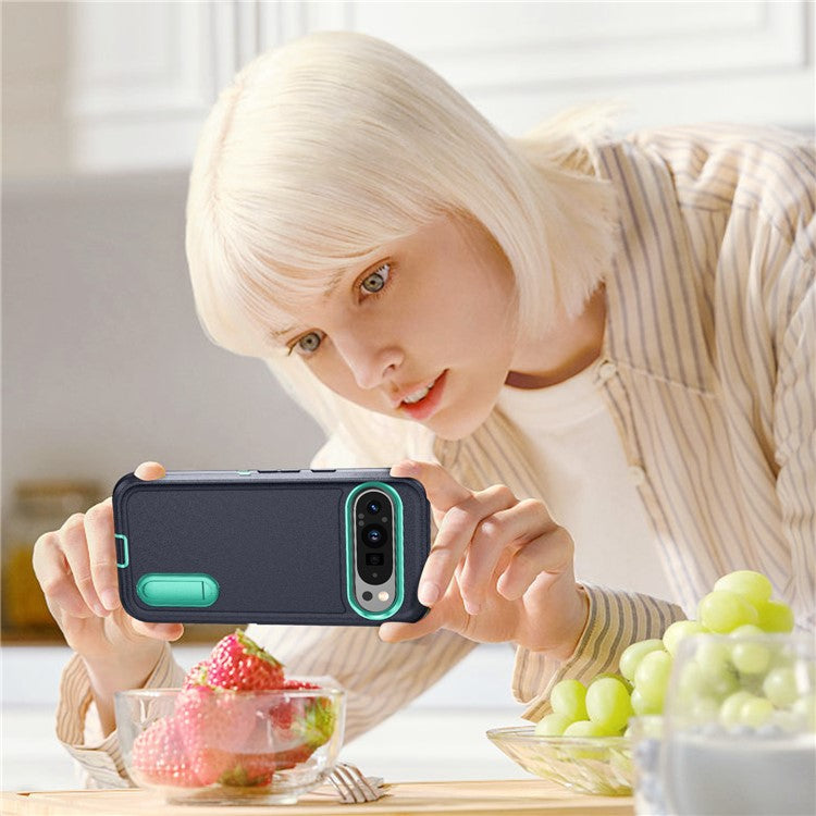 For Google Pixel 9 Pro / Pixel 9 Case Kickstand Phone Cover PC+Silicone+EVA 3-in-1 Design - Dark Blue+Light Cyan