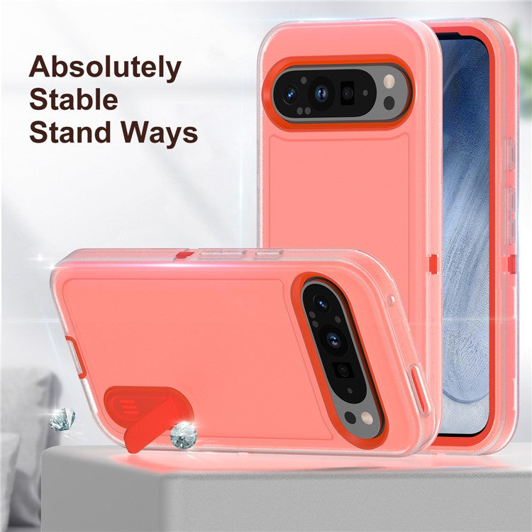For Google Pixel 9 Pro / Pixel 9 Case Kickstand Phone Cover PC+Silicone+EVA 3-in-1 Design - Transparent+Orange