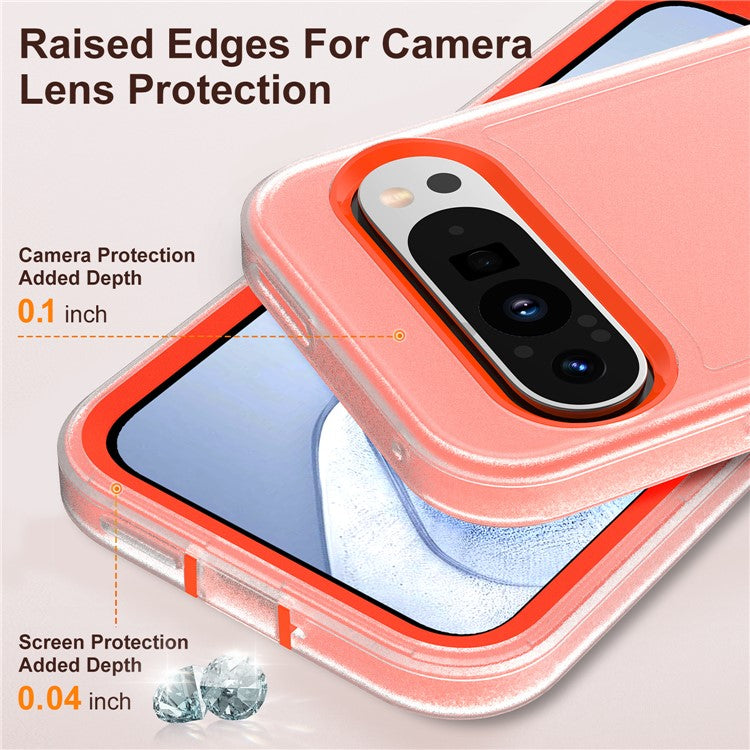 For Google Pixel 9 Pro / Pixel 9 Case Kickstand Phone Cover PC+Silicone+EVA 3-in-1 Design - Transparent+Orange