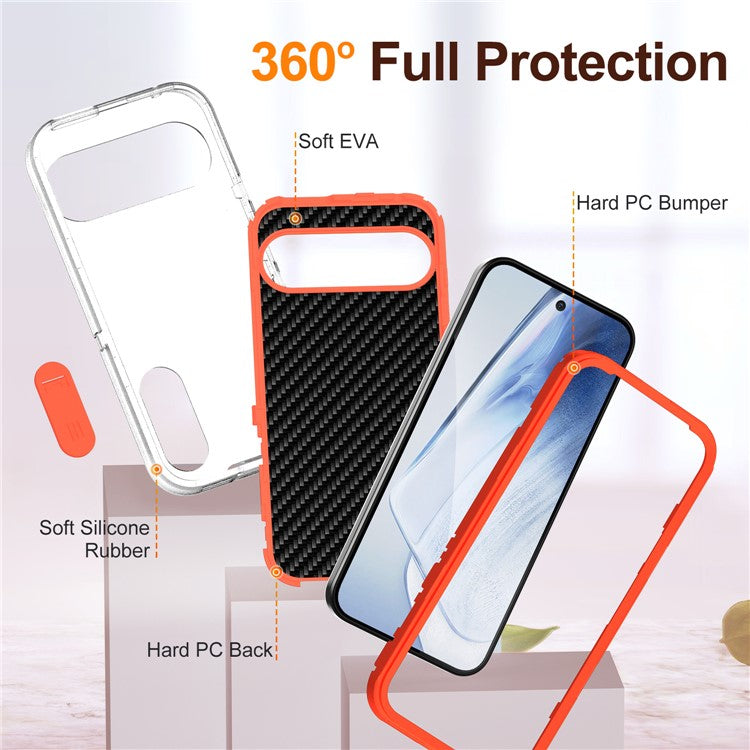 For Google Pixel 9 Pro / Pixel 9 Case Kickstand Phone Cover PC+Silicone+EVA 3-in-1 Design - Transparent+Orange