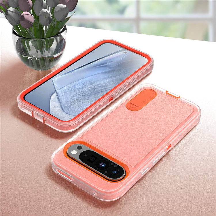 For Google Pixel 9 Pro / Pixel 9 Case Kickstand Phone Cover PC+Silicone+EVA 3-in-1 Design - Transparent+Orange