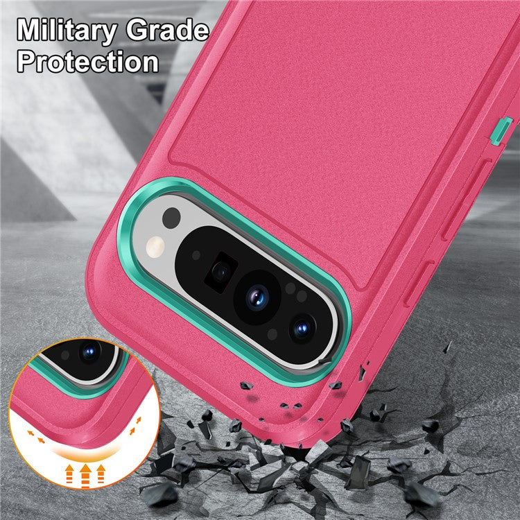 For Google Pixel 9 Pro XL Case Kickstand Phone Cover PC+Silicone+EVA 3-in-1 Design - Rose+Light Cyan