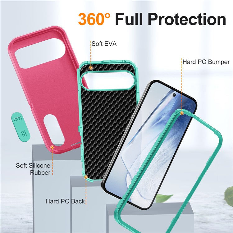 For Google Pixel 9 Pro XL Case Kickstand Phone Cover PC+Silicone+EVA 3-in-1 Design - Rose+Light Cyan