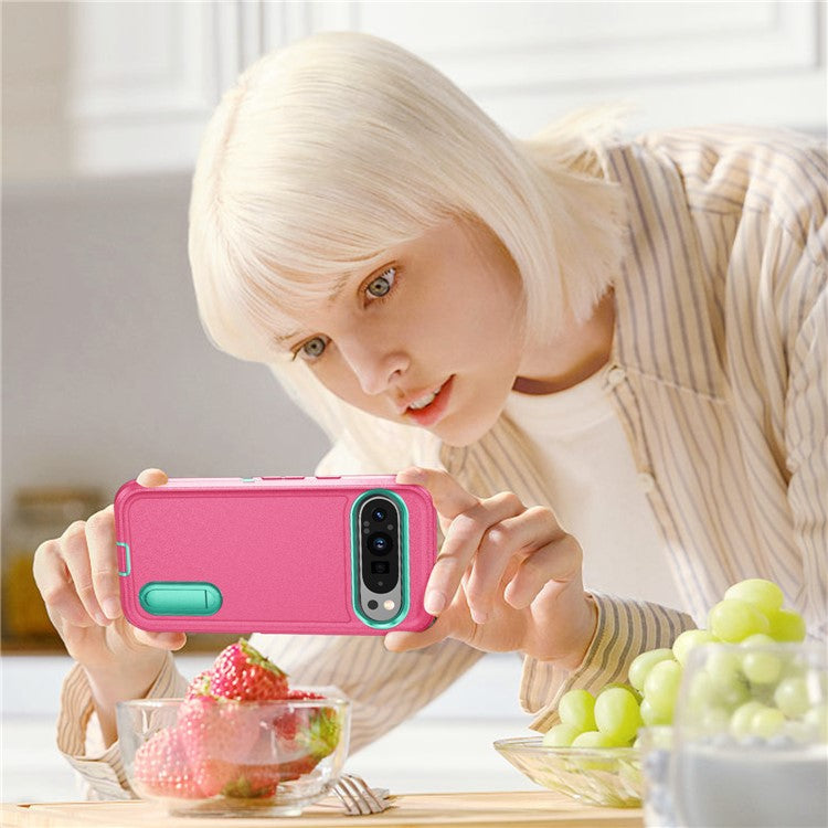 For Google Pixel 9 Pro XL Case Kickstand Phone Cover PC+Silicone+EVA 3-in-1 Design - Rose+Light Cyan