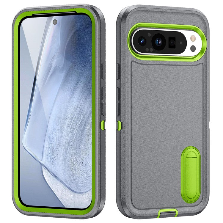For Google Pixel 9 Pro XL Case Kickstand Phone Cover PC+Silicone+EVA 3-in-1 Design - Grey+Green