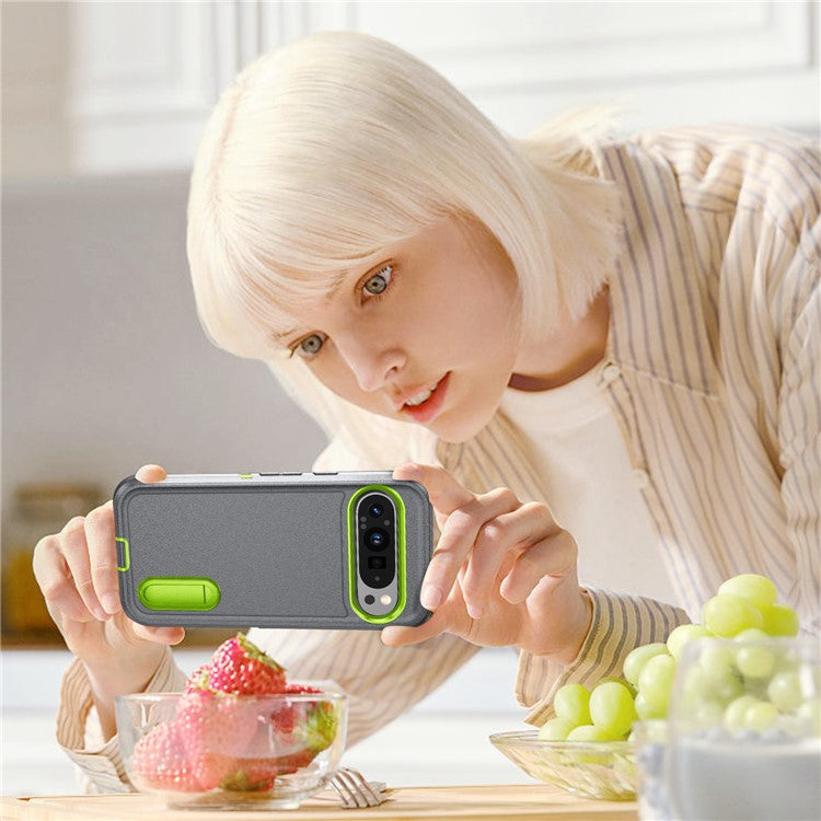 For Google Pixel 9 Pro XL Case Kickstand Phone Cover PC+Silicone+EVA 3-in-1 Design - Grey+Green