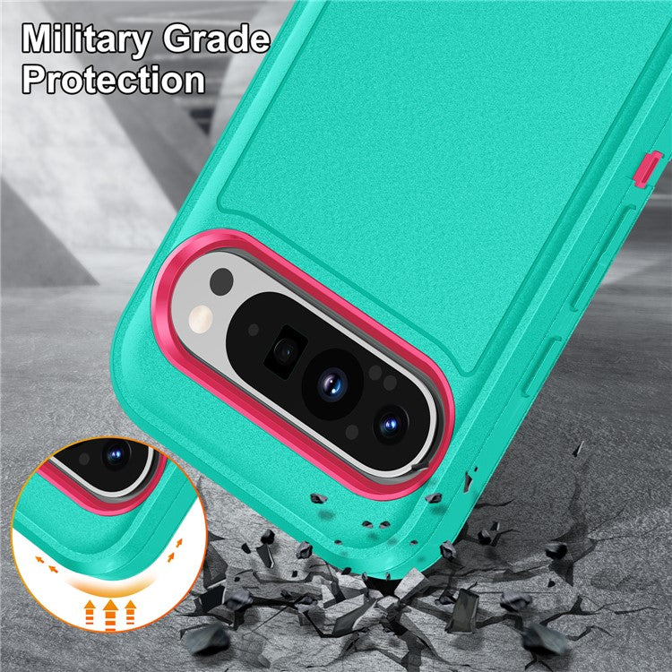 For Google Pixel 9 Pro XL Case Kickstand Phone Cover PC+Silicone+EVA 3-in-1 Design - Light Cyan+Rose