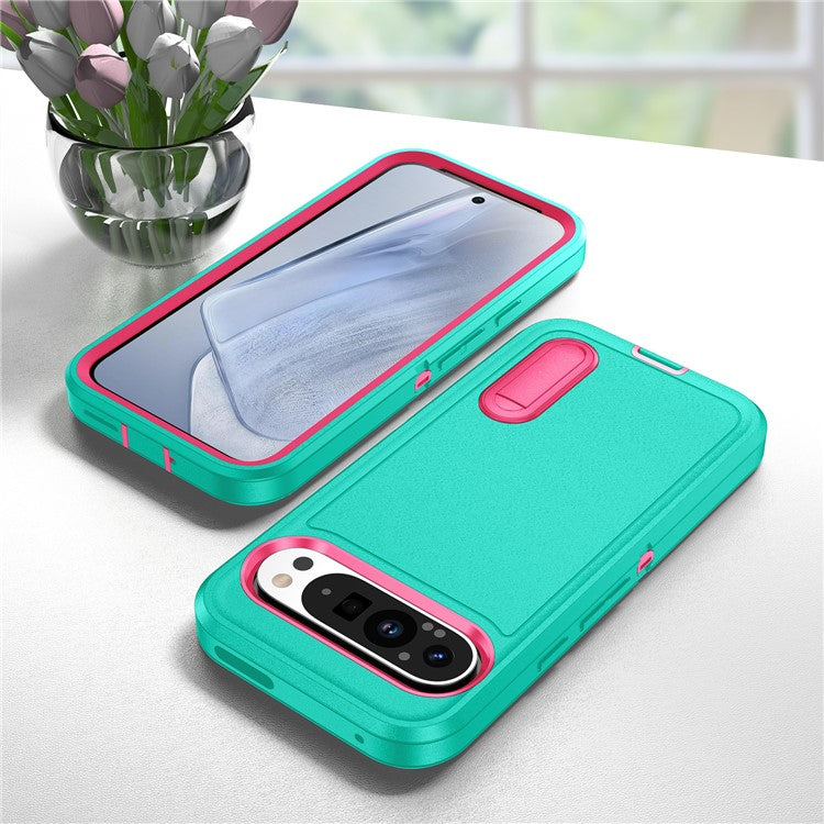 For Google Pixel 9 Pro XL Case Kickstand Phone Cover PC+Silicone+EVA 3-in-1 Design - Light Cyan+Rose