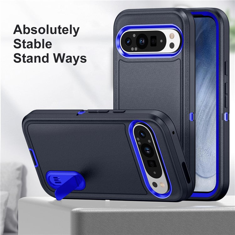 For Google Pixel 9 Pro XL Case Kickstand Phone Cover PC+Silicone+EVA 3-in-1 Design - Dark Blue+Sapphire